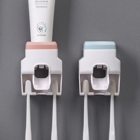 2 pièces support de brosse à dents avec distributeur de dentifrice, montage mural, accessoires de salle de bain (1/5)