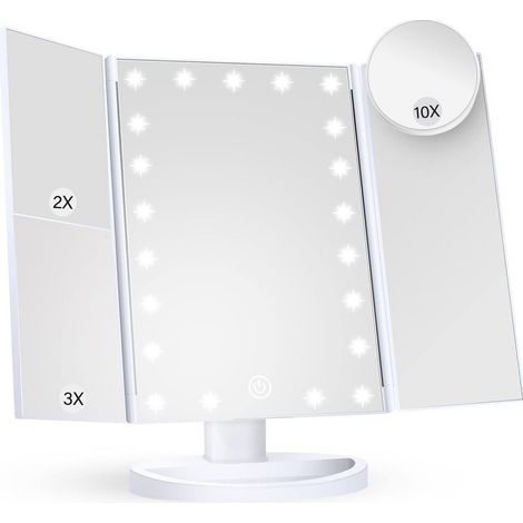 1 Miroir de courtoisie, grossissement 2X, 3X, 10X, éclairage LED tactile, 3 volets, double alimentation USB/piles, portable (1/5)