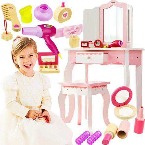 TOCADOR DE MADERA ROSA CON TRIPLE CAJÓN Y ESPEJO + SILLA + 8 ACCESORIOS (1/5)