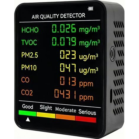 Détecteur de qualité de l'air portable multifonctionnel 6 en 1 : détecteur de gaz, détecteur de CO2 intérieur-noir (1/5)