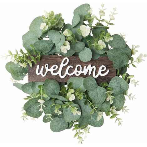 Couronne D\'eucalyptus Artificielle Verte 30 cm Couronne Ronde Avec Panneaux en Bois Fleurs Blanches et Vertes Décoration Murale Couronne D\'été (1/5)