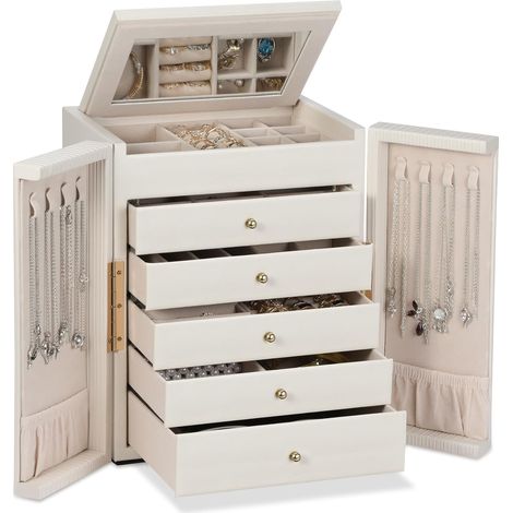 Boite a Bijoux Femme, Grande Boite à Bijoux avec 5 Tiroirs, Boîte à Bijoux avec Double Ouverture pour Coiffeuse, Cuir Grain Vertical, Idée Cadeau pour Femme, Fille (Beige) (1/5)