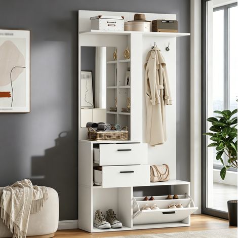 Vestiaire d'entrée blanc 90x30x180 cm avec miroir, 2 tiroirs, range-chaussures rabattable, 3 crochets, MDF (1/5)