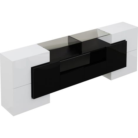 Mobile TV bianco e nero lucido 200 cm con LED, 6 ante, 2 cassetti e vetro HOMVRA (1/5)