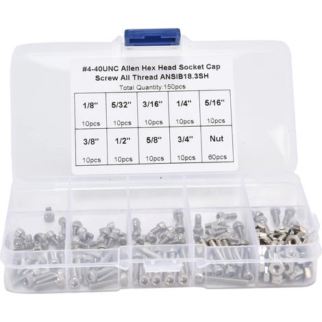 150Pcs Vis Hexagonales, 4-40Unc Hex Vis + Kit D’Écrou 1/8" 5/32" 3/16" 1/4" 5/16" 3/8" 1/2" 5/8" 3/4" Longueur Boulon En Acier Inoxydable Fixation Industrielle Résistante À La Corrosion (1/5)