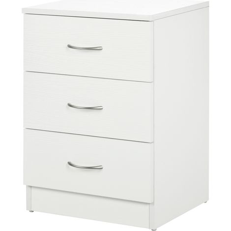 Table de chevet blanche 3 tiroirs avec poignées aluminium 40x35x58 cm - Meuble de nuit pour chambre ou salon