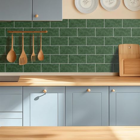 Lot de 24 autocollants de carrelage mural en vinyle imperméable pour cuisine, salle de bain, vert foncé (1/5)