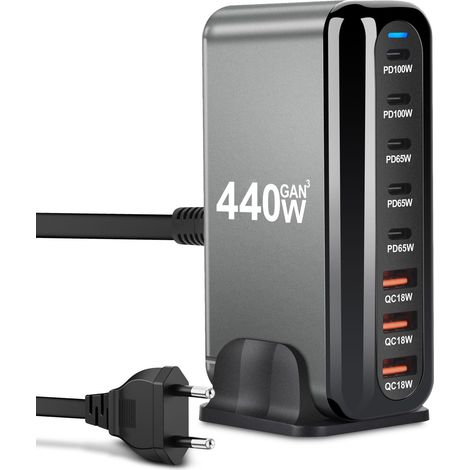 USB-C-Ladegerät 440 W, 8 Anschlüsse, GaN III-Ladestation, USB-C-Ladegerät mit 5 x USB-C PD + 3 x USB-A QC4.0, Schnellladegerät für Telefon 16/15/14 Pro Max, Samsung Galaxy, MacBook, Pad, Laptop