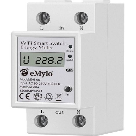 Compteur D'énergie Électrique - Monophasé 60 A - 90-250 V - Rail DIN - Affichage LCD - Contrôle WiFi/Bluetooth - Compatible Alexa Google Home - Pour Maison Appartement (1/5)