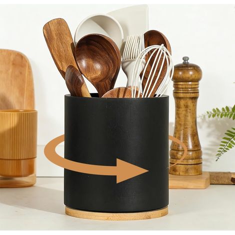 Pot Ustensiles Cuisine, Support Ustensiles Cuisine en Bois Rotatif à 360°, Porte Ustensile Cuisines étanche pour Fourchette, Cuillère, Fouet Noir (1/5)