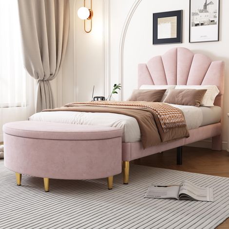 Lit capitonné en velours, 90x200cm, lit en forme de coquillage avec pieds en fer doré, tête de lit réglable en hauteur, sommier à lattes en bois, avec banquette capitonnée et espace de rangement, rose