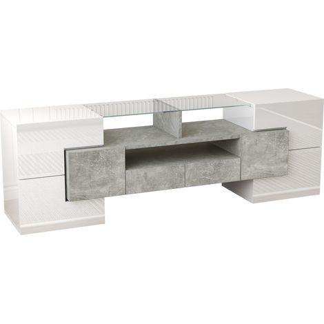 Meuble TV contemporain blanc laqué 145 cm avec éclairage LED et surface en verre élégante (1/5)