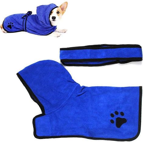 Serviette de bain pour chien, serviette de bain en microfibre ultra-absorbante et à séchage rapide avec capuche ajustable, serviette de bain pour chat et chien - Bleu - M (1/5)