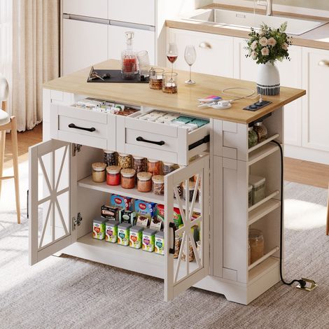 Isola da cucina mobile 120 x 40(65) x 92 cm - Piano di lavoro ribaltabile - Prese USB integrate - Ante in vetro e 6 ripiani - Bianco e naturale
