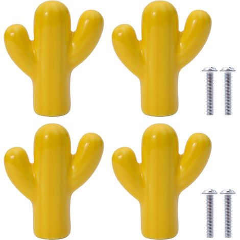4Pcs Poignée en Céramique Boutons de Meuble en Forme de Cactus Boutons de Tiroir en Céramique Poignées en Céramique pour Chambre d'enfant Armoires Bibliothèque (Jaune) (1/5)