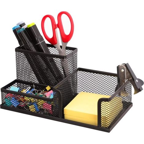 Organizador de escritorio de malla con 3 compartimentos – Portalápices y bolígrafos para accesorios de oficina – Negro (1/5)