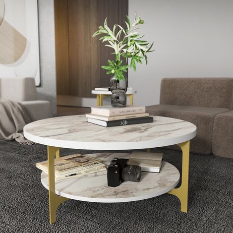 Table basse ronde avec le cadre en métal (effet marbre blanc et doré) (1/5)