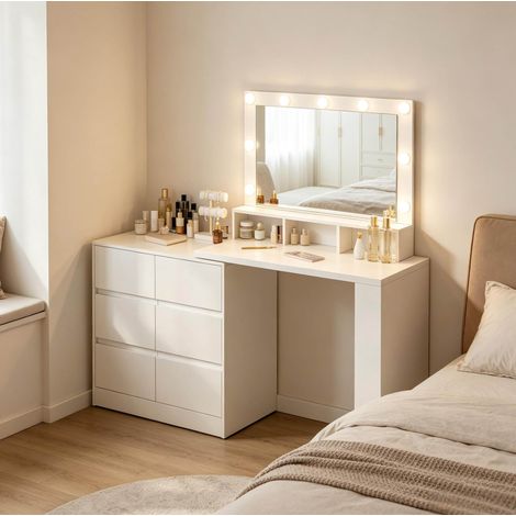 Tocador blanco con espejo LED rectangular, 6 cajones, 90 x 134,5 x 40 cm HAVRYA (1/5)