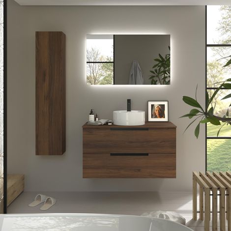 Mueble de Baño LENI 100cm Nogal 2 cajones Lavabo sobre encimera 1 poza Porcelana (1/5)