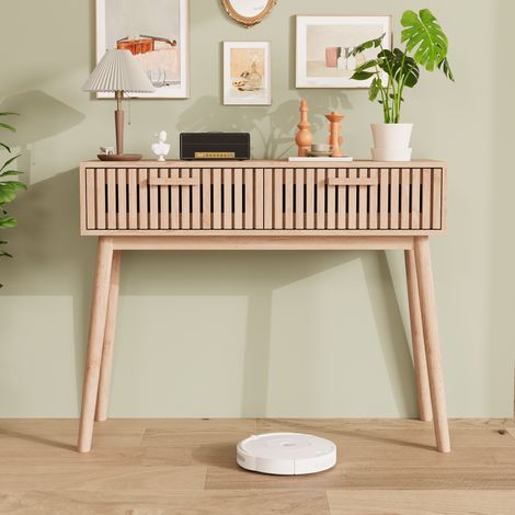 Table console 100x35x80 cm – 2 tiroirs de rangement – Structure MDF rainurée stable – Système anti-basculement – Design moderne Naturel – Idéal salon couloir bureau entrée