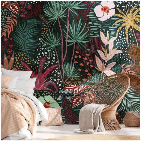 Sfondo fotografico Profhome 382741 Carta da parati TNT goffrata a caldo liscia con design giungla opaca verde rosso giallo bianco 3,71 m x 2,8 m (1/4)