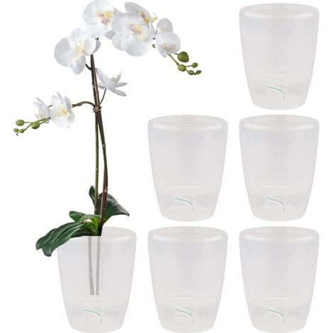 Lot de 6 pots à orchidée à arrosage automatique avec système de mèche et indicateur de niveau d'eau pour l'intérieur Diamètre 12 cm Transparent 1,3 l (1/5)