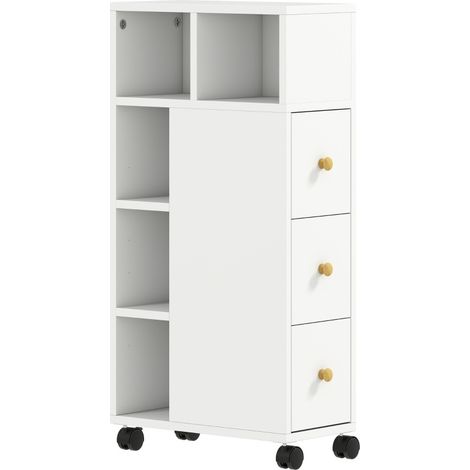 Mobile bagno stretto con 4 ruote, 3 cassetti e 5 scomparti, 40 x 20 x 80 cm, bianco (1/4)