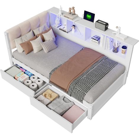 CHICFURN Cama de día 90x200 cm tipo sofá cama en madera de pino y MDF, blanca, con 2 cajones, estantería lateral de 3 niveles, LED regulable y USB para dormitorio juvenil (1/5)