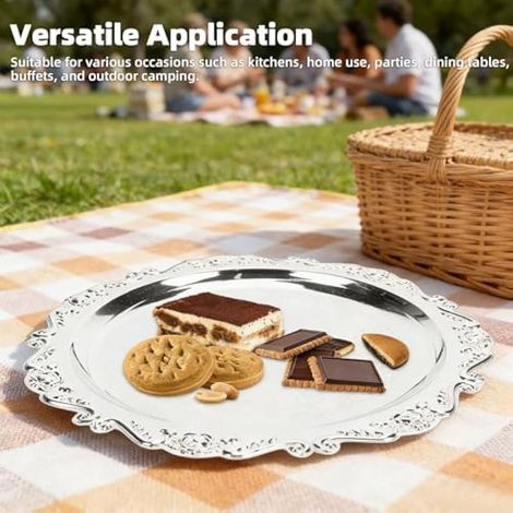 Plateau de Service gravé Floral Plateau en Fer argenté Vintage pour Collations Fruits Whisky avec Design Rétro pour Cuisine Maison Buffet de Fête (20cm) (1/3)