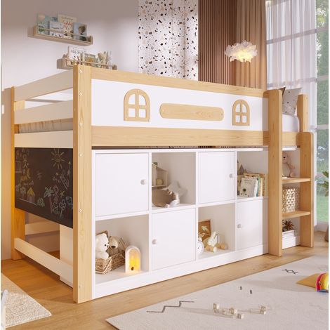 Cama alta 90x200 cm en madera blanca y natural con pizarra, almacenaje y escalera, sin colchón (1/5)