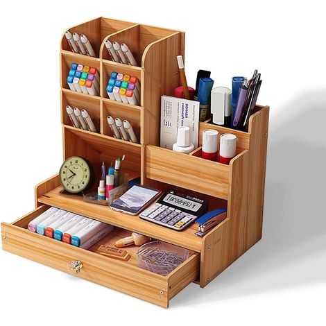 Holdfiturn Wooden Desktop Organizer Large Capacity Office Storage Box Multi Functional Stationery Storage with Drawer for Home Office and School (Cherry Wood) (1/5)