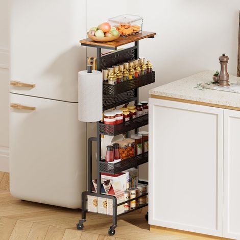 Chariot de Rangement Étroit - Desserte Fine avec Plateau en Bois Meuble de Rangement Mince Anti-Basculement, Étagère à Épices Compacte avec Panneau Perforé, 6 Crochets et Porte-Essuie-Tout (1/5)