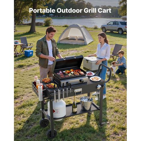 Chariot barbecue extérieur pliant 787x432mm, table cuisson avec porte-papier, roues, rangements aimantés, plan préparation pic-nique cuisine jardin (1/5)