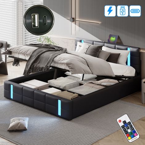 Letto Contenitore 160x200 cm, con LED, Rete a Doghe in Legno, Carica USB-A/C, Struttura in Metallo, Stile Moderno, Letto Matrimoniale Trapuntato in Similpelle - Nero