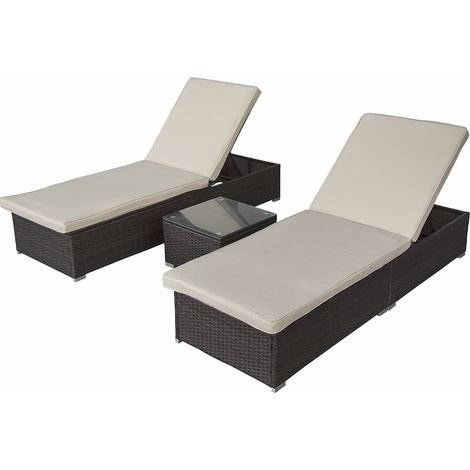 Lot de 2 bains de soleil en résine tressée avec coussins et table basse "Alice" - Marron (1/4)