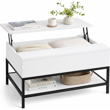 Relaxdays Coffee Table, Lift Function, HWD: 45.5 x 90 x 60 cm, Living Room Desk with Storage Space, Modern, Shelf, White (1/5)