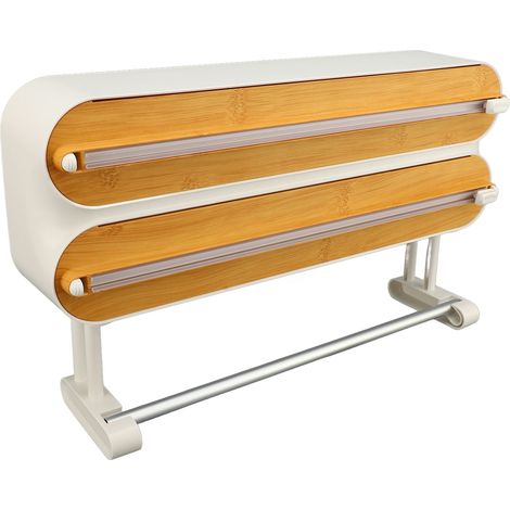 Plastic Wrap Dispenser Innovative Wooden Grain Adjustable Wall 3 In 1 Wrap Organizer with Cutter for ALuminum Foil Wax Paper Cling Wrap (1/5)
