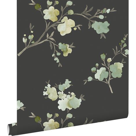 papier peint fleurs de cerisier vert, jaune ocre et noir  - ESTAhome