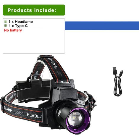 (A-Sans batterie) Lampe frontale LED ultra-lumineuse, lampe frontale rechargeable haute puissance, double éclairage blanc et violet, lanterne pour la pêche au scorpion. (1/5)