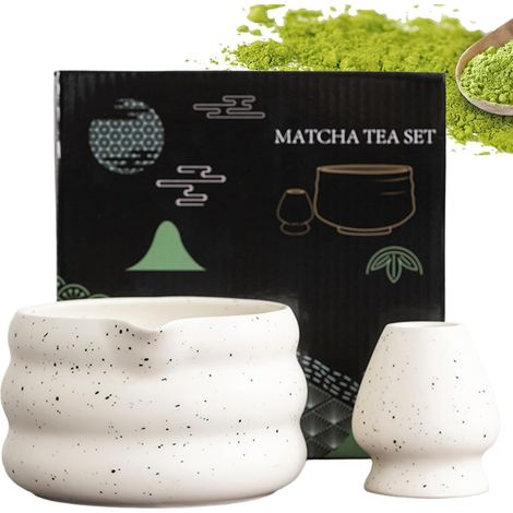 Lot de 2 bols à matcha, bol à matcha avec support fouet et bec verseur, bol à matcha japonais, accessoires pour cérémonie de matcha, blanc (1/5)