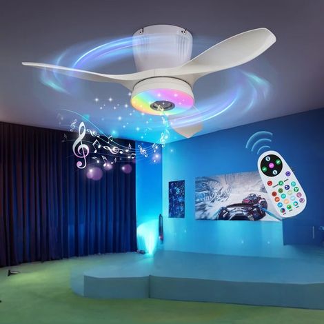 Plafonnier ventilateur LED 54 cm avec haut-parleur Bluetooth, RGB réglable, application + télécommande, 3 vitesses, pour chambre, salon et bureau(Blanc) (1/5)