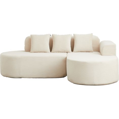 Canapé d’angle en velours côtelé beige, canapé en L 4 places avec méridienne arrondie, 220 x 155 x 70 cm, 3 coussins (1/5)