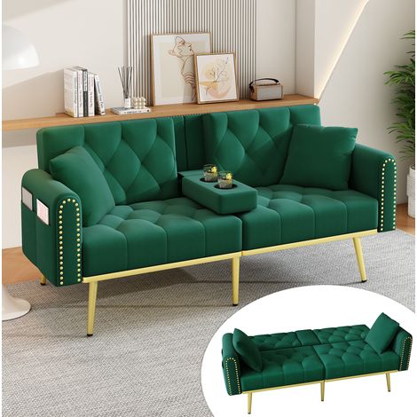 Canapé-lit 175x80x73,5 cm vert, dossier 3 positions et porte-gobelet, velours MEUBLIV (1/5)
