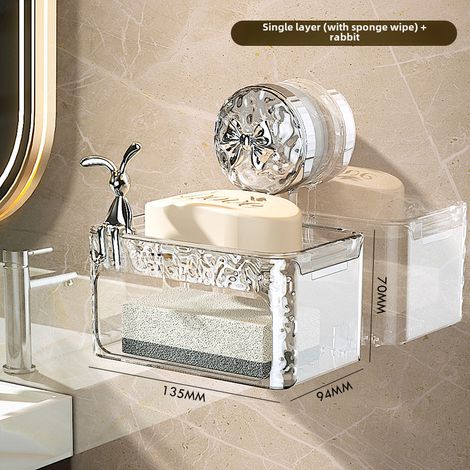 Porte-savon mural haut de gamme en forme de lapin ventouse, avec nœud argenté en éponge, non perforé, à fixer au mur. (1/5)