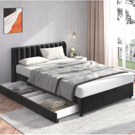 Bett modern 160x200 cm aus Samt in Schwarz mit hohem Kopfteil, Lattenrost und 2 Schubladen (1/5)