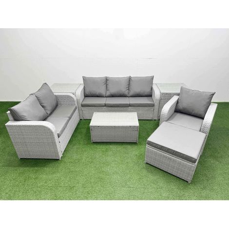 Fimous Patio PE Wicker 7 Seater Outdoor Rattan Furniture Sofa Sets with Rectangular Coffee Table Reclining Chair Loveseat Sofa 3 Seater Sofa Big Footstool 2 Side Tables Light Grey (1/4)