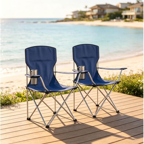 Set da 2 sedie da campeggio pieghevoli con portabicchieri, schienale alto, blu DESVIAE (1/5)