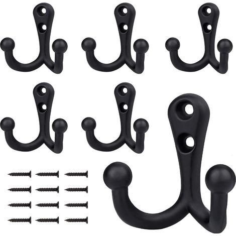 Lot de 6 crochets muraux doubles robustes noirs avec 12 vis - Crochets utilitaires rétro pour veste, serviette, sac (noir) (1/5)