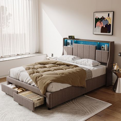 Lit capitonné 140x200 cm avec tête de lit de rangement, ports USB, revêtement en lin