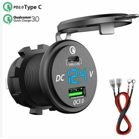 Chargeur USB C Voiture - 64 W QC 3.0 et Power Delivery - Double Prise Étanche avec Affichage LED de Tension - Pour Voiture Caravane Bateau Moto - 12 V / 24 V (1/5)